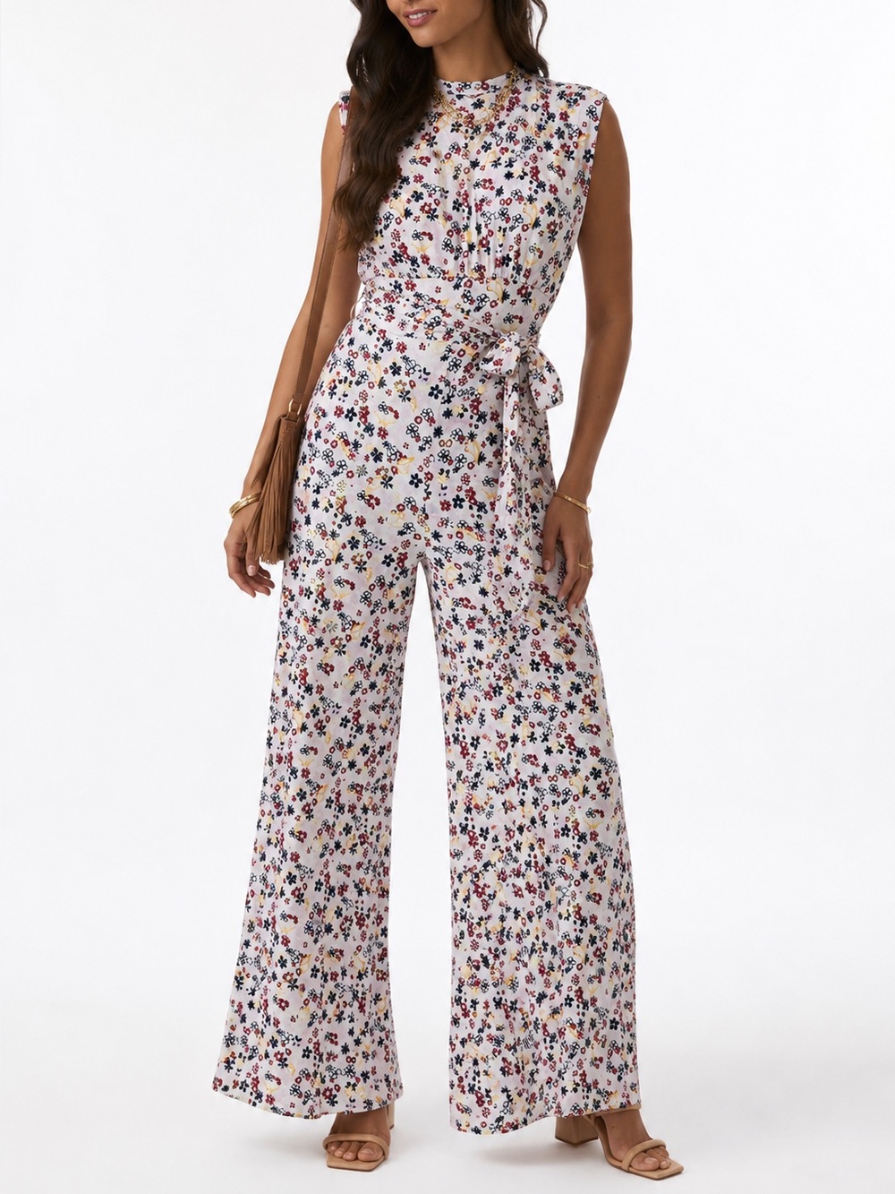 FREE PEOPLE Vibe Check Jumpsuit - Size Small Tea Ditsy Shell Floral Wide Leg NWT